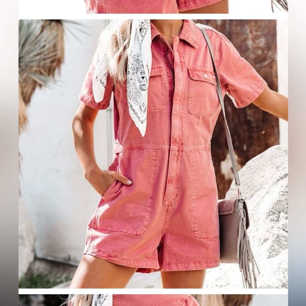 Women’s pink / Red Short Sleeve denim romper jumpsuit size large